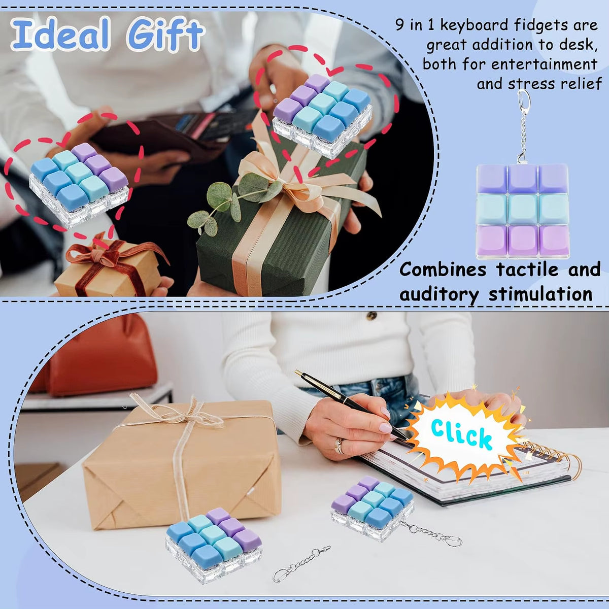 Keyboard Fidget Toy, Keyboard Fidget Keychain 9-In-1 Keyboard Decompression Button Finger Clicker Toy Stress Relief Fidget Gifts